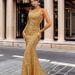 Women's Clothing New Fashion V Neck Hip Wrapped Sequined Mid Waist Off Shoulder Small Tail Long Evening Dress_ecoleips.com