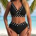 Women's European American Style Polka Dot Swimsuit Black High Waisted Slimming Strappy Bikini Two Piece Beach Vacation Swimwear_ecoleips.com