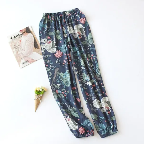 Summer Viscose Rayon Printing Women Pajama Bottoms Elastic Waist Ankle-Length Pants Sleep Wear Women Lounge Wear Closing Pants_ecoleips.com