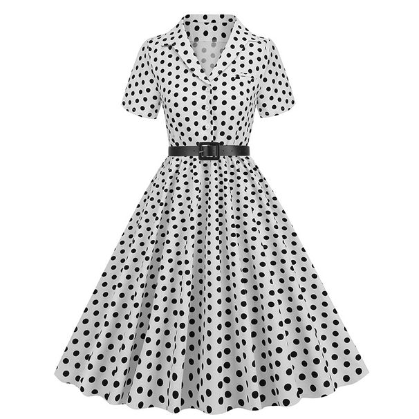 Women's Polka Dot Patchwork Belt Short Sleeved Dress Hepburn Retro French Style Skirt European And American Style New 2025_ecoleips.com