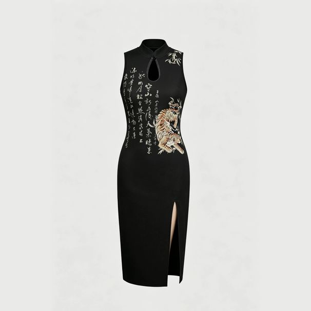 Women's Slim Fit Cheongsam Dress Chinese Style Dragon Pattern Black Sleeveless Short New Summer Design_ecoleips.com