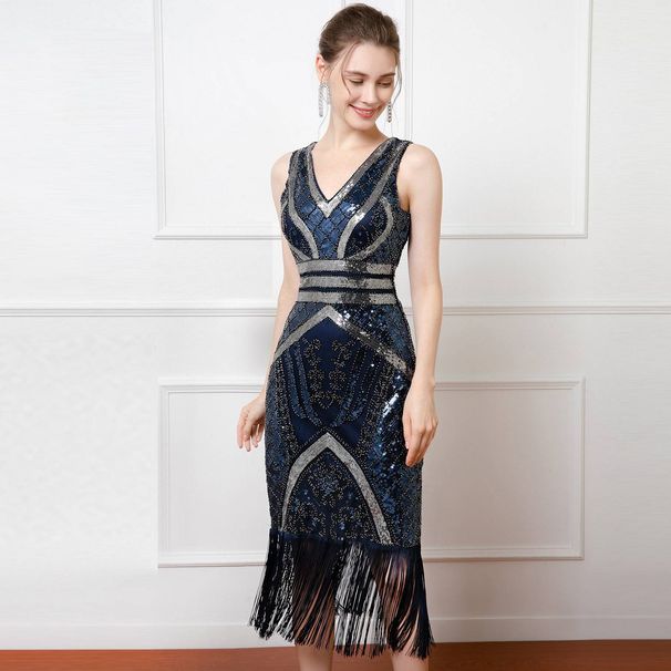 Women's Clothing sexy sequined deep V-neck dance host performance dress _ecoleips.com