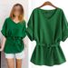 Women's Clothing Women's V Neck Linen Short Sleeved Shirt Bat Sleeve Large Size Loose Waist Cotton And Linen Top_ecoleips.com