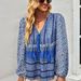 Bohemian Vacation Blouse – V-Neck Flowy Printed Shirt With Tassel Details (Blue/Green, S-Xl) Flattering V-Neck_ecoleips.com