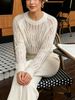 Lightweight Airy Leaf Hollow Out Crew Neck Loose Long Sleeve Knit Top_ecoleips.com