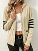 Oatmeal Striped Sleeve Pit Rib Knit Hooded Cardigan, Loose Lightweight Breathable Soft Skin-touch Zip Knit Jacket_ecoleips.com
