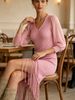 Pink V Neck Chiffon Lantern Sleeve Pit Rib Knit Fringe Mini Dress, Loose Lightweight Breathable Soft Skin-touch Bodycon Midi Dress_ecoleips.com