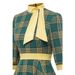 Autumn/Winter Grid-Print High-Collared Green Dress With Seven-Quarter Sleeves, Ribbon-Strapped And Butterfly-Button Deta_ecoleips.com