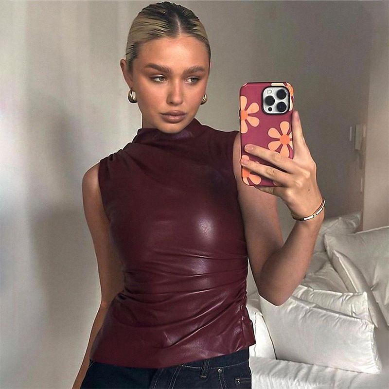 Women Y2K Vintage Pu Simple Basic Tank Top High Waist Skinny Shrunk Slash Cut Sleeveless Tops Versatile Noble Shirts_ecoleips.com