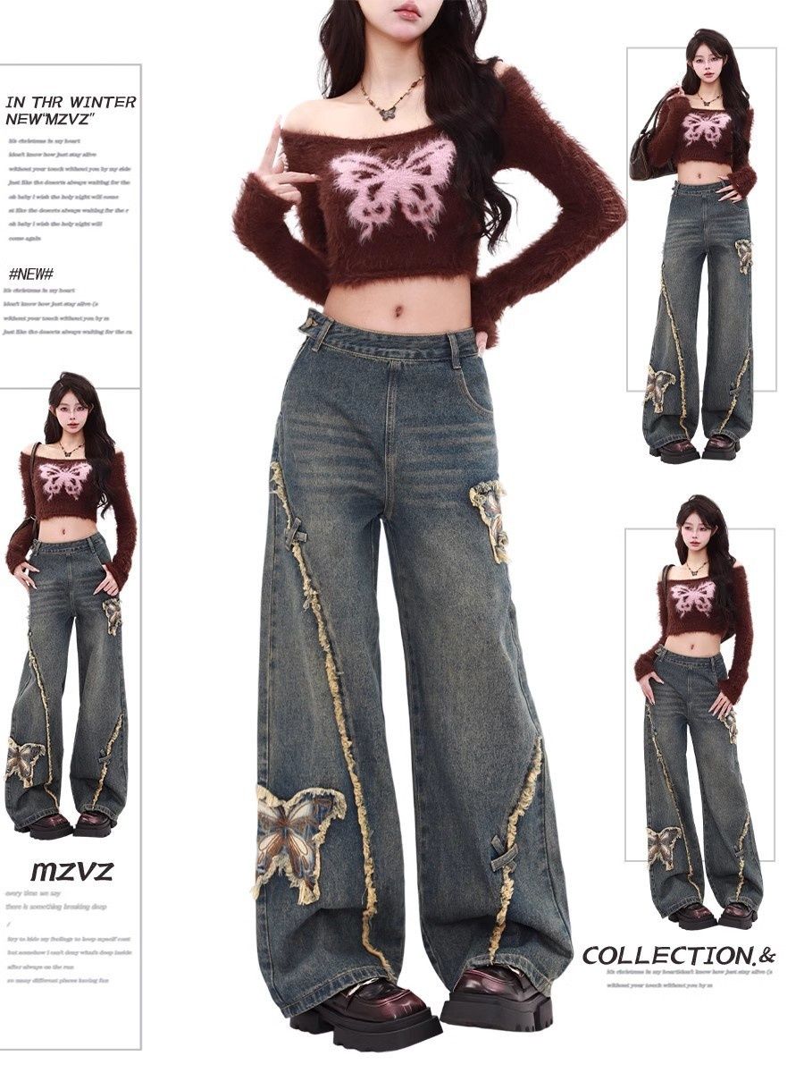 American Retro Side-zip Raw-edge Straight-leg Jeans For Women, Spring/summer Trendy New Butterfly Patch Floor-length_ecoleips.com