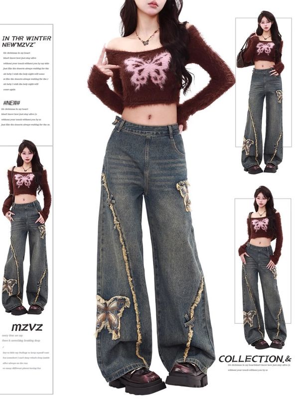 American Retro Side-zip Raw-edge Straight-leg Jeans For Women, Spring/summer Trendy New Butterfly Patch Floor-length_ecoleips.com