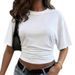 Summer Solid Color Women's T-Shirt Crew Neck Short Sleeve Gathered Slim Waist Hot Selling_ecoleips.com