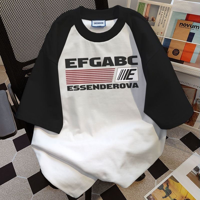 Women's Patchwork Color Block T-Shirt Summer Style round Neck Short Sleeve Letter Print Loose Top Versatile Trendy INS_ecoleips.com