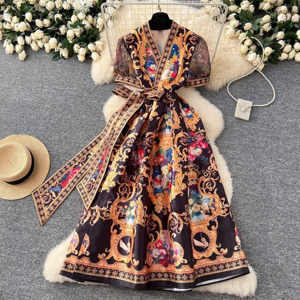 Women's Clothing Palace Style V Neck Tie Waist Mesh Puff Sleeves Printed Long Swing Dress_ecoleips.com