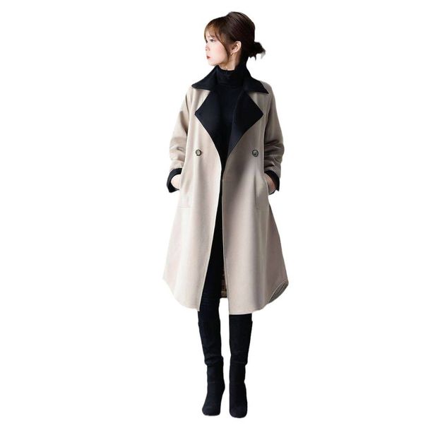 Japanese Style Oversized Trench Coat – Long Sleeve Double-Breasted Coat With Contrast Collar, Loose Fit Casual Outerwear (Beige, S-L)_ecoleips.com