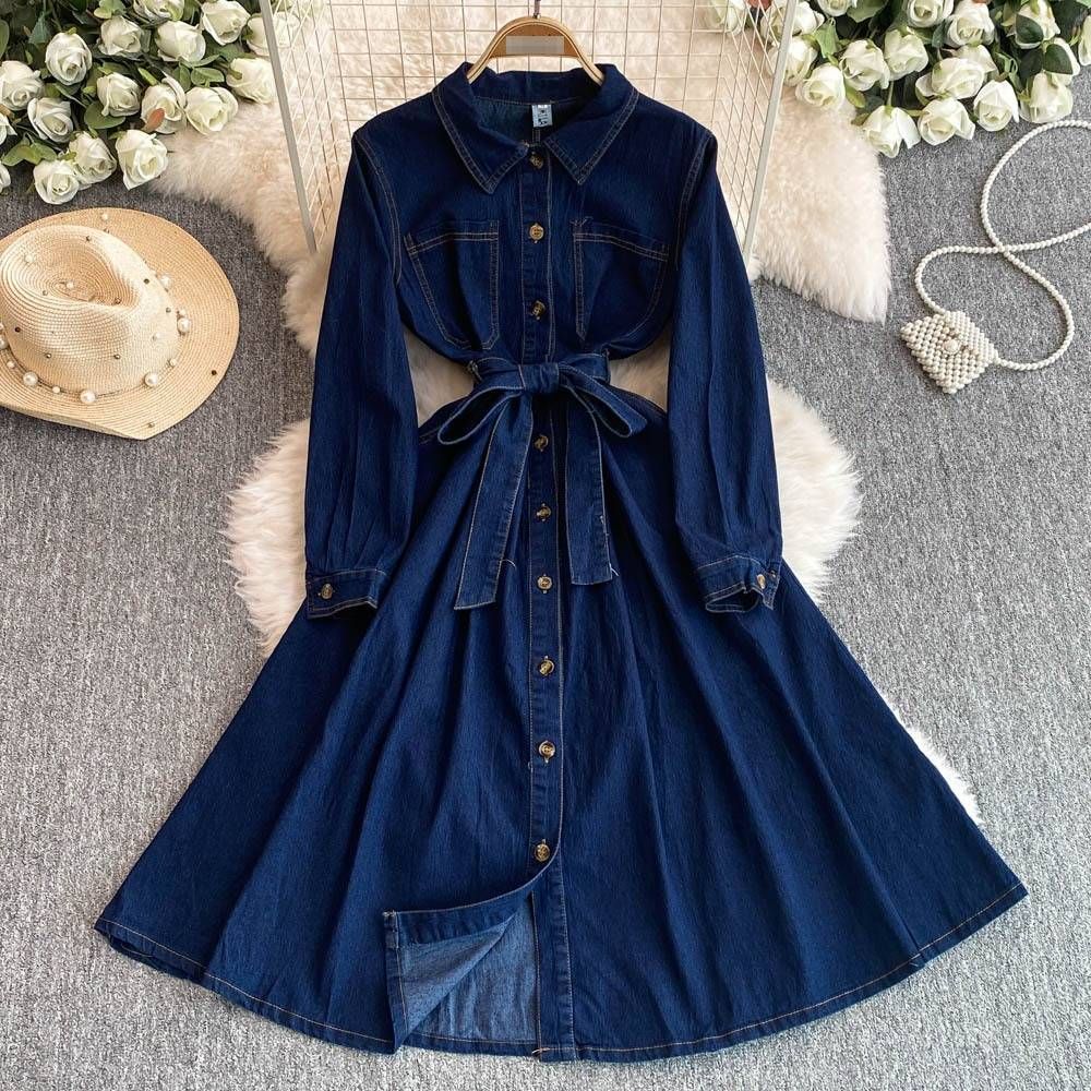 Women's Elegant A-Line Midi Dress Denim Polo Collar Side Slit Belt Office Casual Wear_ecoleips.com