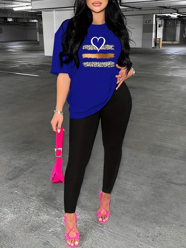 Women's Casual Loose And Fashionable Leopard Print Heart-shaped Pattern Print Loose T-shirt+cropped Pants Two-piece Home Sportswear Daily Outfit-424_ecoleips.com