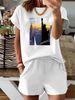 Summer New Pink New York NU Pattern T-shirt, Casual Printed Round Neck Short Sleeved Top With Elastic Waist Pocket, Women's Two-piece Set-289_ecoleips.com