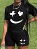 Summer Women's Casual And Fashionable Smile Face Print Loose T-shirt+shorts Two-piece Sportswear Suitable For Daily Wear-49_ecoleips.com