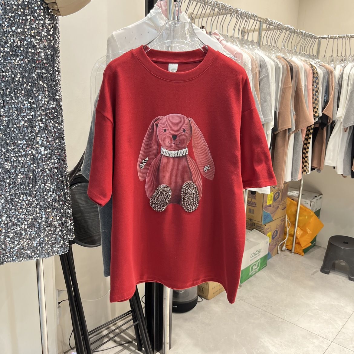 Women's Summer Printed Rabbit Cartoon Short Sleeve T-Shirt European Style Loose Fit Mid-Length Cotton Top_ecoleips.com