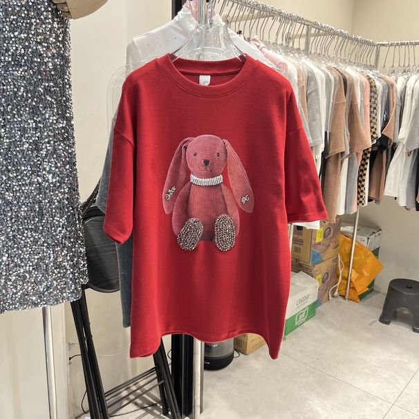 Women's Summer Printed Rabbit Cartoon Short Sleeve T-Shirt European Style Loose Fit Mid-Length Cotton Top_ecoleips.com