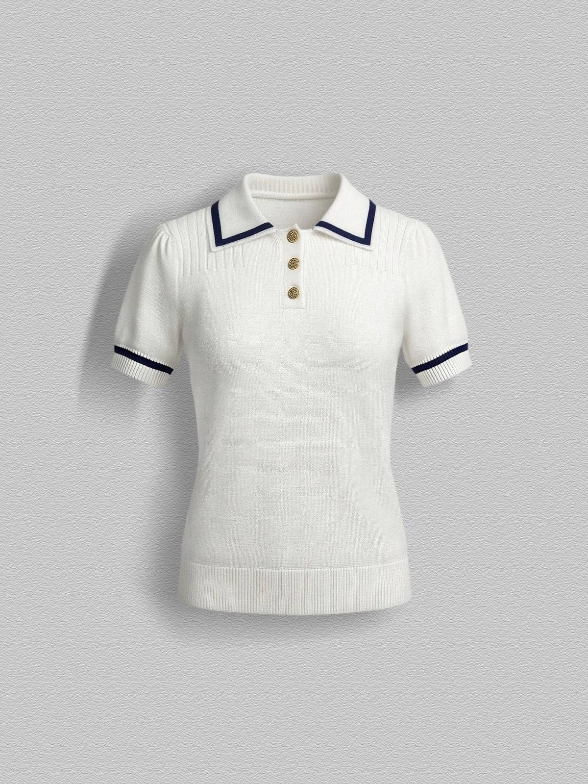 Chic Commuter Ribbed Knit Polo, Short Sleeve Contrast Trim Office Blouse_ecoleips.com