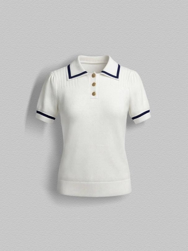 Chic Commuter Ribbed Knit Polo, Short Sleeve Contrast Trim Office Blouse_ecoleips.com