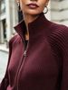 Wine Red Zip Stand Collar Pit Rib Knit Cardigan, Loose Lantern Sleeve Lightweight Breathable Soft Skin-touch Cropped Knit Jacket_ecoleips.com