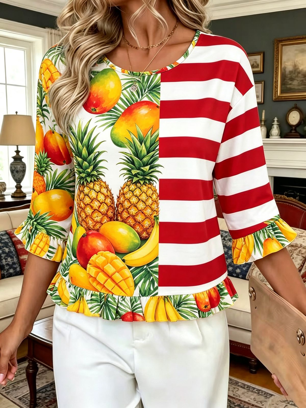 Summer Ruffle Sleeve T-Shirt For Women Loose Round Neck Printed Casual Top Style Women's Clothing_ecoleips.com
