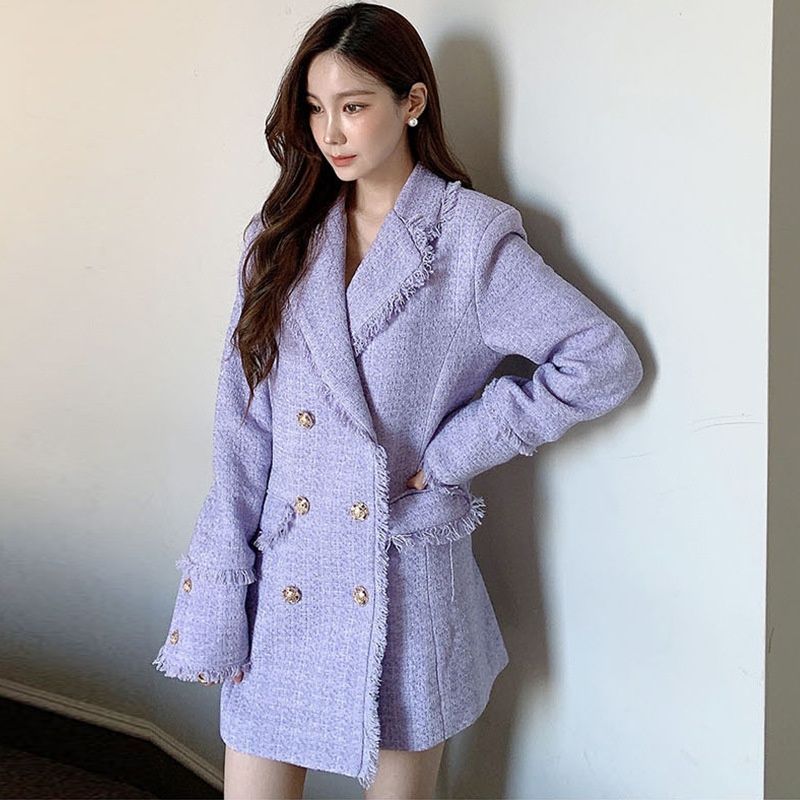 2025 Winter New Style Double-Breasted Mid-Length Tweed Coat With Suit Collar In Purple_ecoleips.com