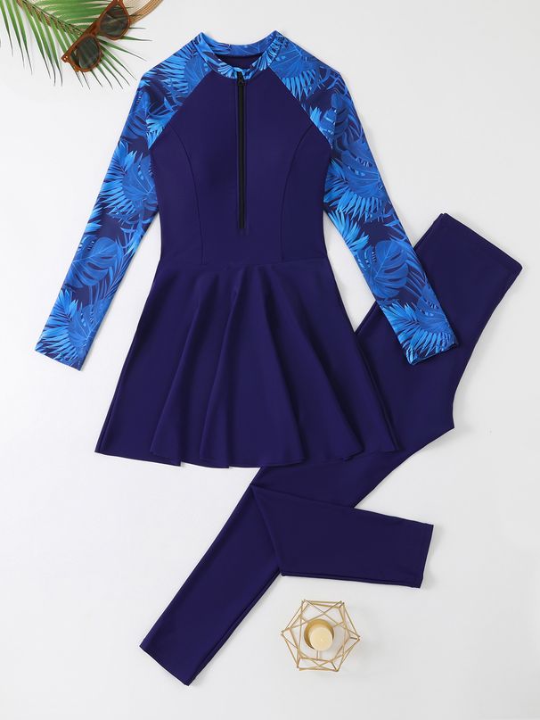2025 European And American New Muslim Swimsuit Split Two Piece Zipper Sun Protection Long Sleeved Trousers Conservative Swimsuit_ecoleips.com