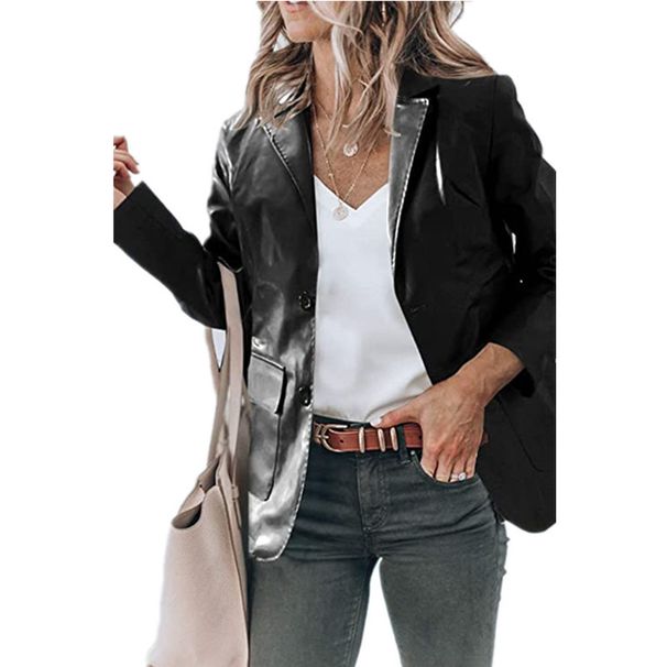 Elegant Faux Leather Blazer For Women - Slim Fit Notched Lapel Single-Breasted Long Sleeve Jacket In Classic Colors_ecoleips.com