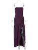 Hugcitar Strapless Solid Ruched Frill Sexy Elegant Slit Maxi Dress Summer Women Fashion Evening Party Outfit Festival Wholesale_ecoleips.com