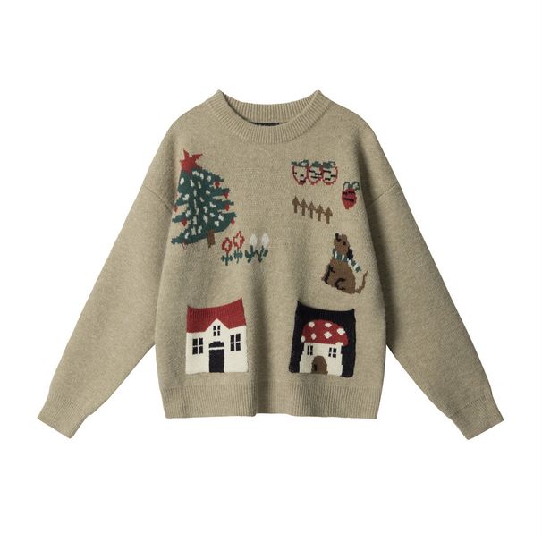 Women's Clothing Cozy Christmas Cartoon Sweater For Couples - Soft Acrylic Blend, Loose Fit, Long Sleeve, Round Neck (Red, Mustard Yellow) - S/M/L_ecoleips.com