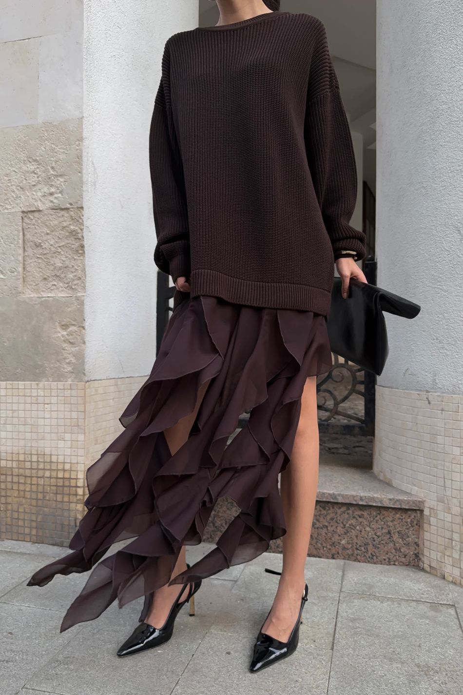 Maillard-Effect Knitwear – Asymmetric Lace Insert Sweater (S-L, 50% Cotton, Office-to-Dinner Versatility)_ecoleips.com