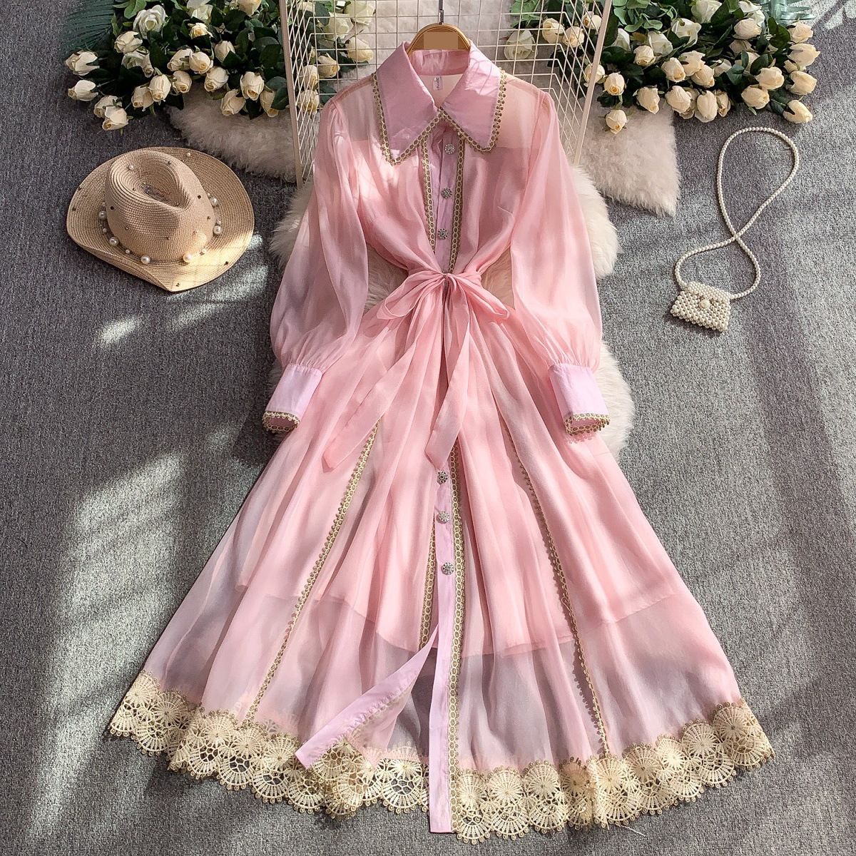 Women's Clothing Elegant Lace Collar Lantern Sleeve Dress For Women - Summer Flowy High Waist A-Line Midi Dress With Button Front (Blue/White/Pink)_ecoleips.com