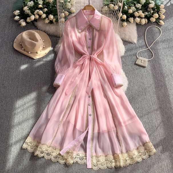Women's Clothing Elegant Lace Collar Lantern Sleeve Dress For Women - Summer Flowy High Waist A-Line Midi Dress With Button Front (Blue/White/Pink)_ecoleips.com