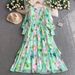 Women's Clothing Elegant Floral Print Chiffon V-Neck Maxi Dress With Lantern Sleeves & High Waist For Women - Summer Vacation & Office Wear (Green)_ecoleips.com