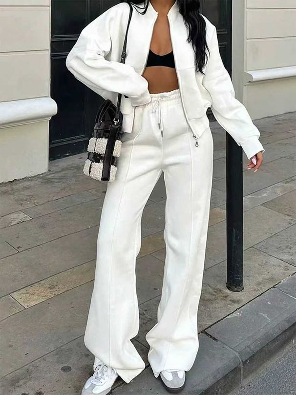 Autumn And Winter European And American Solid-colored Zipper Pullover Womens Clothing Stylish And Casual Straight-leg Pants Set._ecoleips.com
