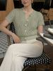 Women Lightweight Breathable Hollow Lace Knit Cardigan Crew Neck Pearl Button Short Sleeve Sheer Knit Jacket_ecoleips.com