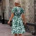 Women's Spring/Summer Short Sleeve V Neck Dress Leaf Print Full Skirt Waist Cinching Fairy Dress_ecoleips.com