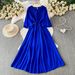 Elegant Pleated Round Neck Dress For Women Commuter Style Three Quarter Sleeve Slimming A-Line Long Skirt Casual Summer_ecoleips.com