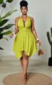 Curvy Jacquard Knit Halter Mini Dress, Metal Buckle Back Bow Ruched Waist Irregular Open Back For Beach Festival Party_ecoleips.com