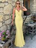 Hugcitar Women'S Elegant Halter V Neck Solid Ruched Sexy Backless Lace Up Maxi Dress Summer Vacation Clothes Birthday Party_ecoleips.com