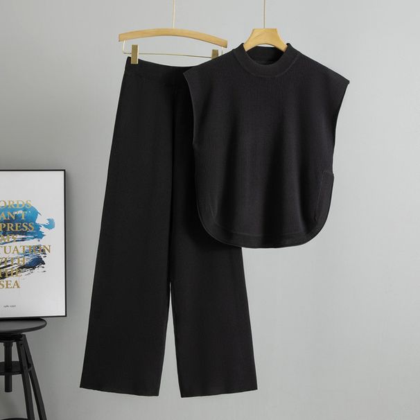 Women's Clothing Summer New Fashion Suit Solid Color Sleeveless Vest Sweater Wide Leg Trousers Two Piece Suit Female Trend_ecoleips.com