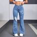 Women's Heart-Shaped Ripped Bell Bottom Jeans - Stretch High Waist Flared Pants With Original Trimming, Light Blue Distressed Denim_ecoleips.com