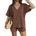 Women's Relaxed Vacation Shorts Set V Neck Short Sleeved Drawstring Top And Bottom Spring Summer Style_ecoleips.com