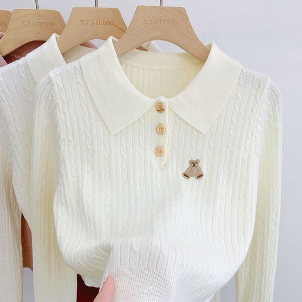 Cozy Bear Print Knit Sweater Women's Casual Long Sleeve Tops Soft Fall Winter Pullover Fashionable Layering Piece_ecoleips.com