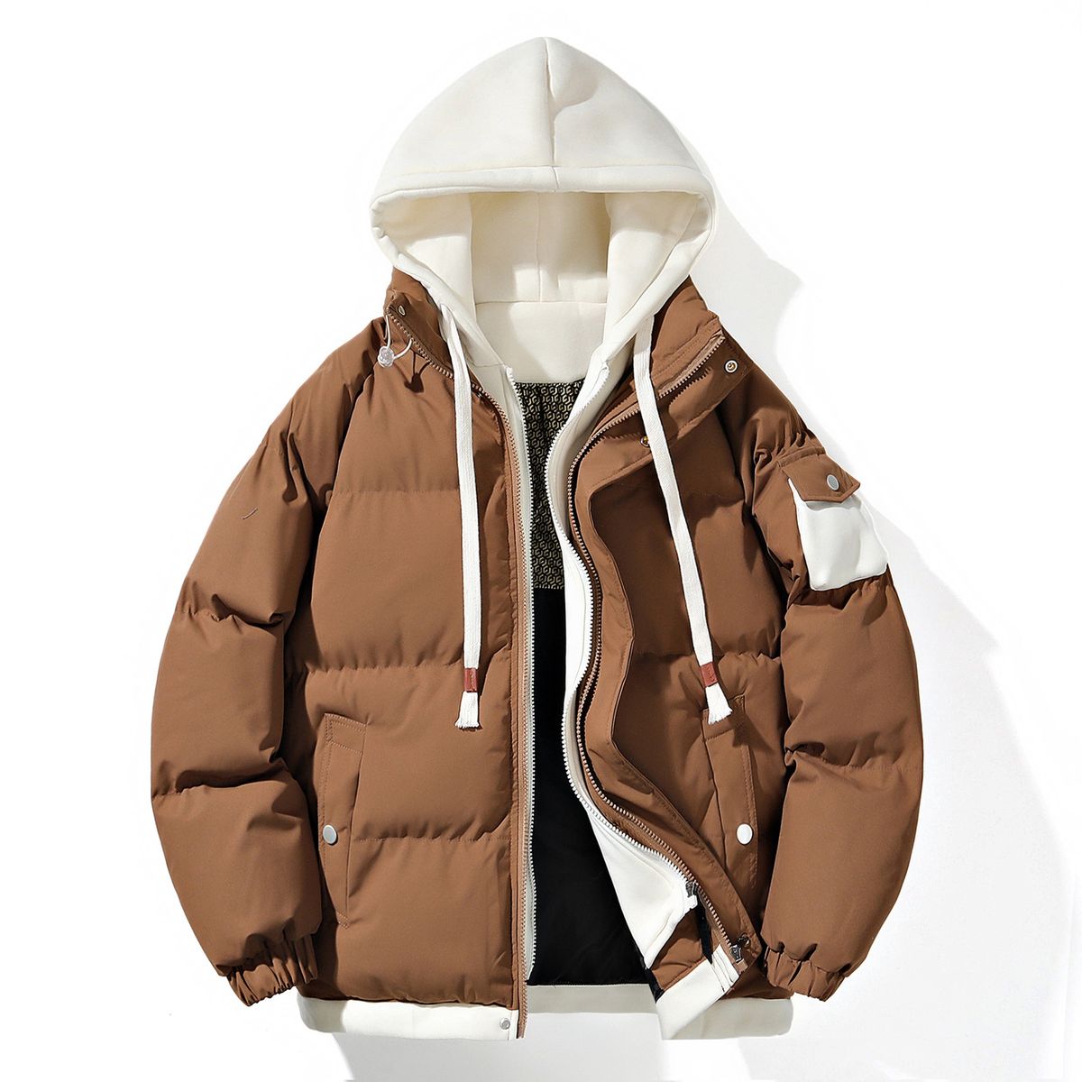 Men's Winter Two-Piece Hooded Puffer Jacket With Graphene Lining, Thickened Streetwear Coat For Teens & Couples (Caramel/Black/Cream/Coffee)_ecoleips.com