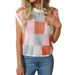 Summer Cap Sleeve Knitted Sweater For Women Color Block Round Neck Short Length Checkerboard Pattern Baring Navel Design_ecoleips.com